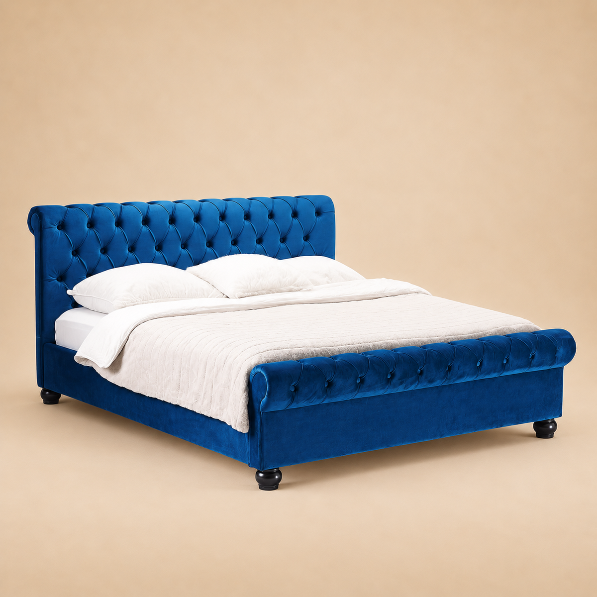 Avalon Fully Upholstered Bed without Storage — warm beige studio view