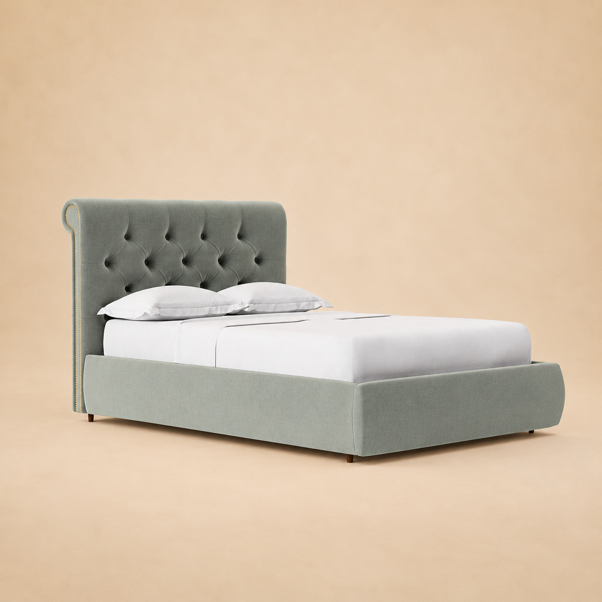 Winston Fully Upholstered Bed without Storage — warm beige studio view