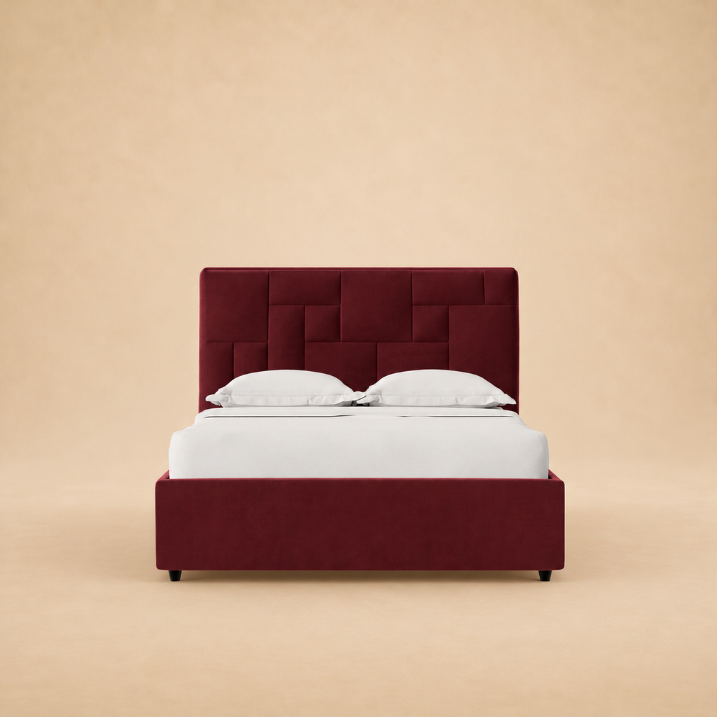 Islay Upholstered Hydraulic Storage Bed — warm beige studio view