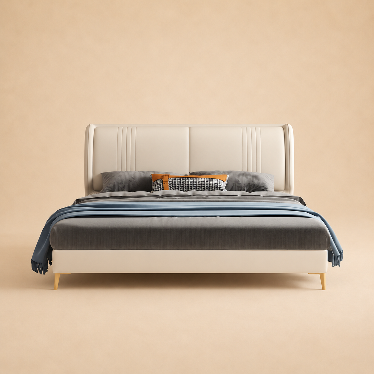 Rocking Upholstered Bed Without Storage In Leatherette — warm beige studio view