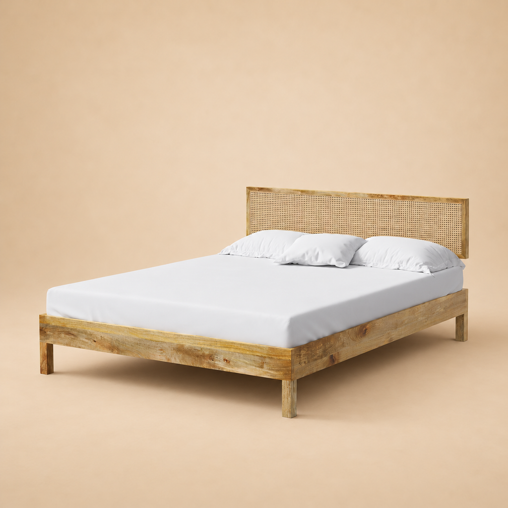California Solid Wood Rattan Bed — warm beige studio view