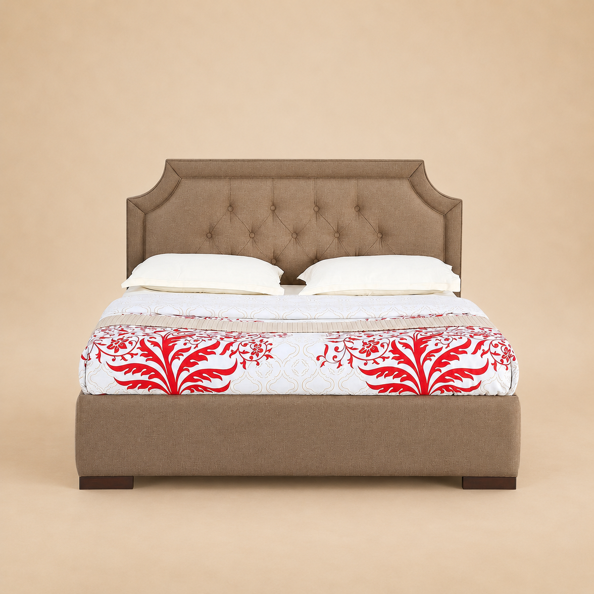 Isadora Fully Upholstered Bed without Storage — warm beige studio view