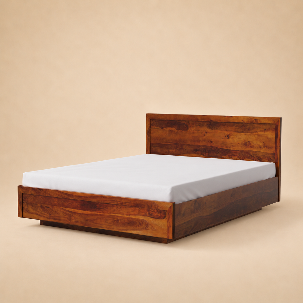 Modluxe Hydraulic Storage Solid Wood Platform Bed — warm beige studio view