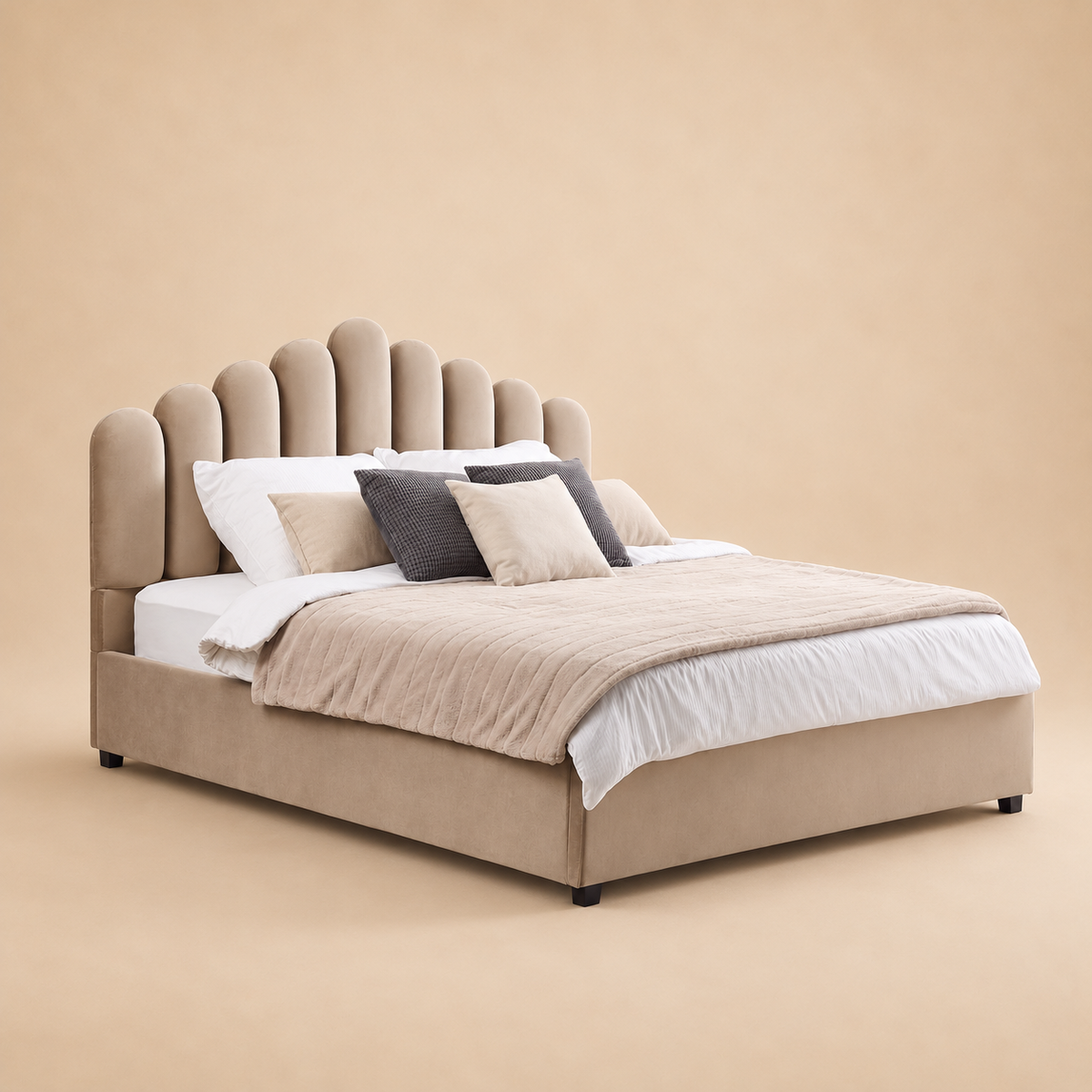 Vincenned Fully Upholstered Bed without Storage — warm beige studio view