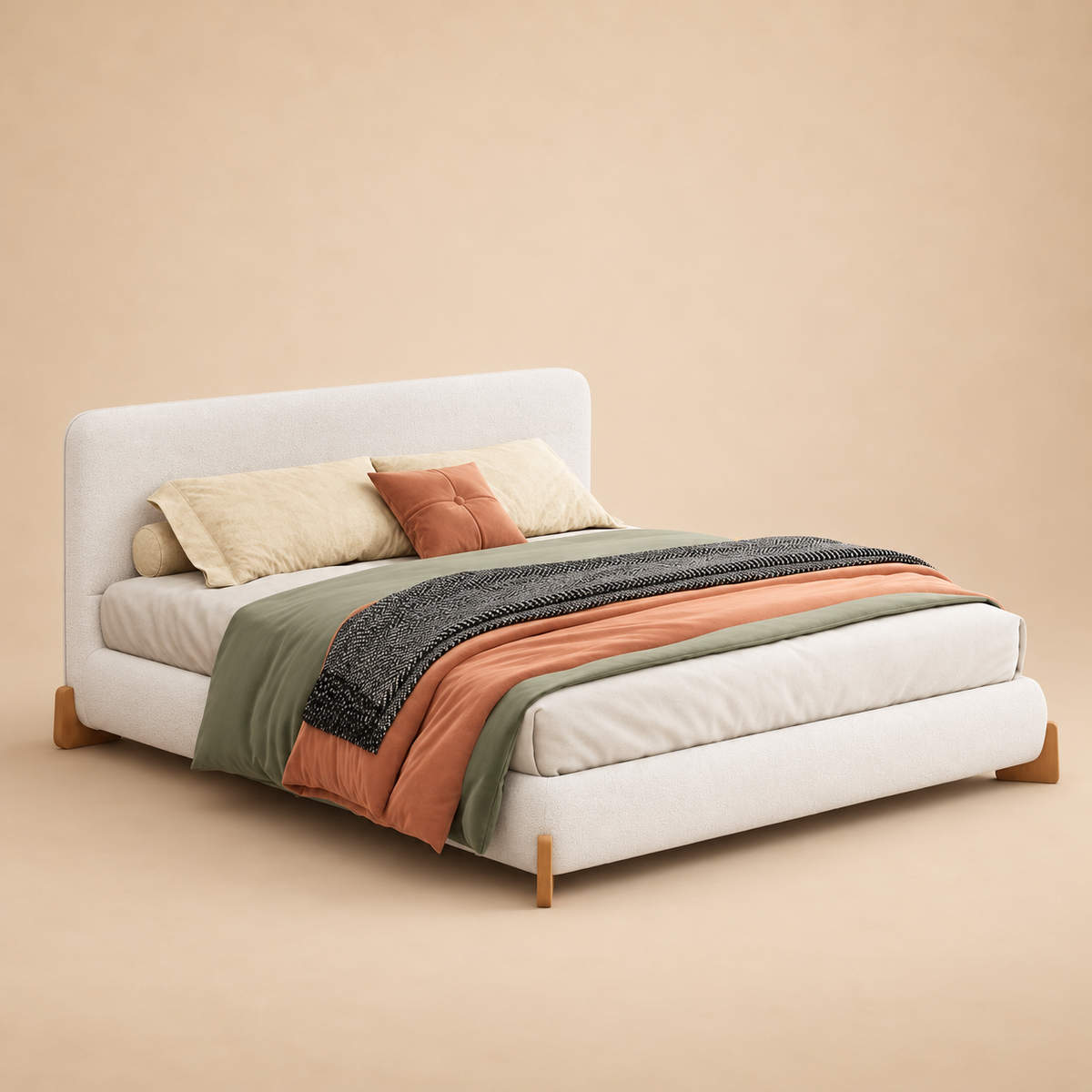 Crown Upholstered Bed Without Storage In Towel Suede Fabric — warm beige studio view