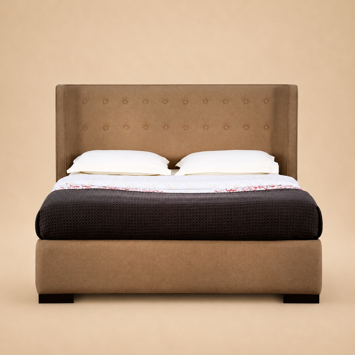 Agastya upholstered bed — warm beige studio view