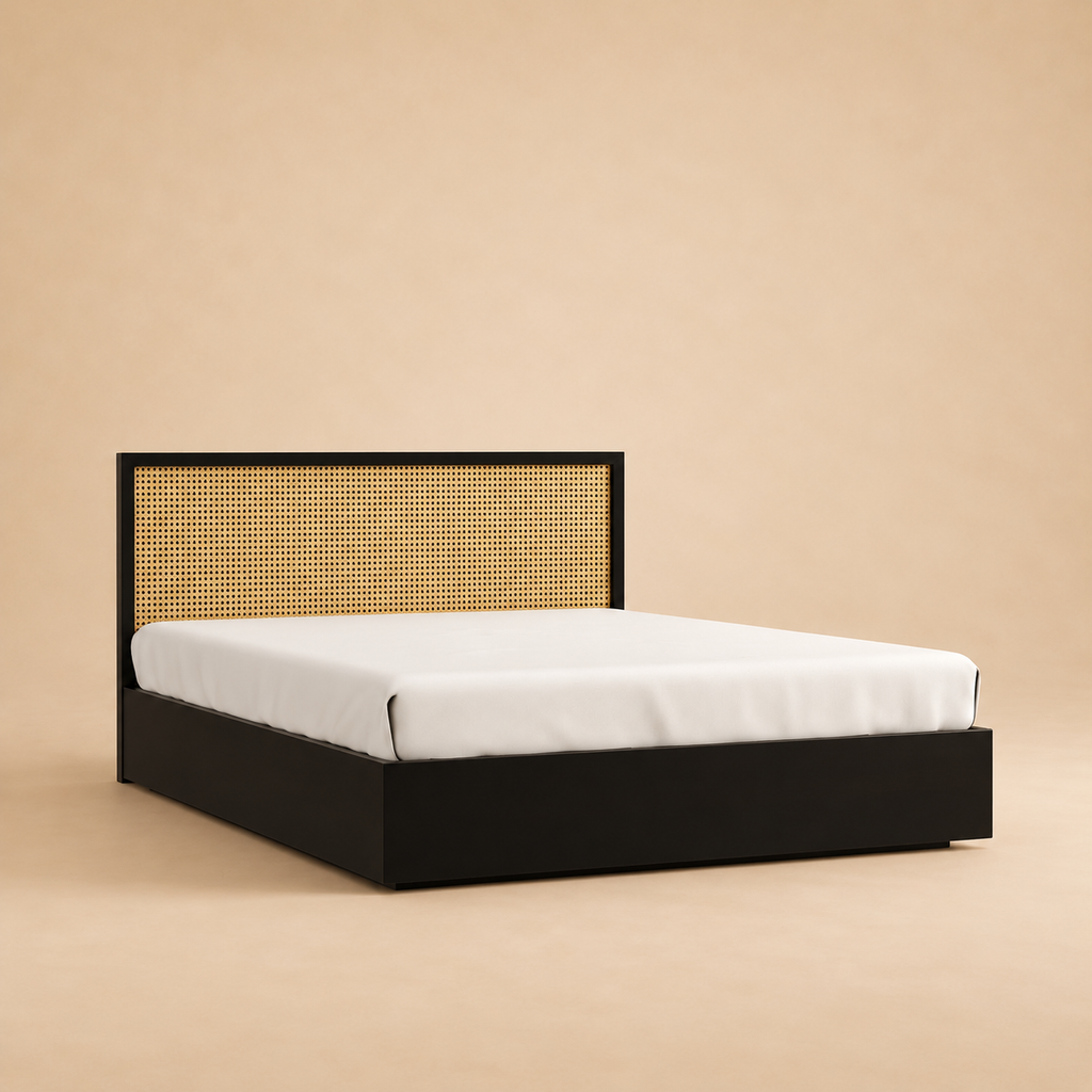 July Solid Wood Hydraulic Storage Bed — warm beige studio view