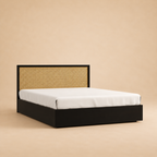 July Solid Wood Hydraulic Storage Bed — warm beige studio view
