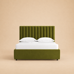Swanson Upholstered Hydraulic Storage Bed — warm beige studio view