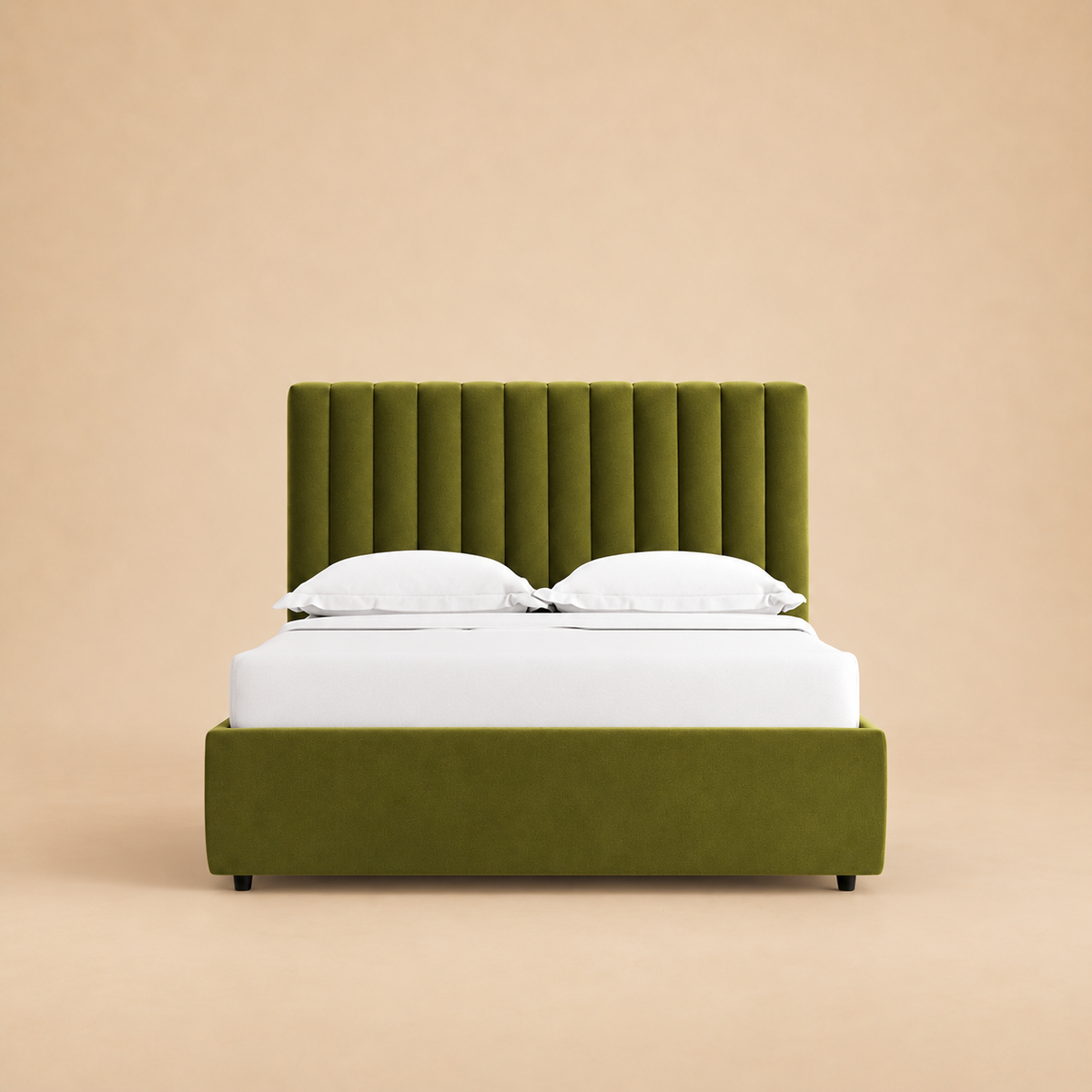 Swanson Upholstered Hydraulic Storage Bed — warm beige studio view