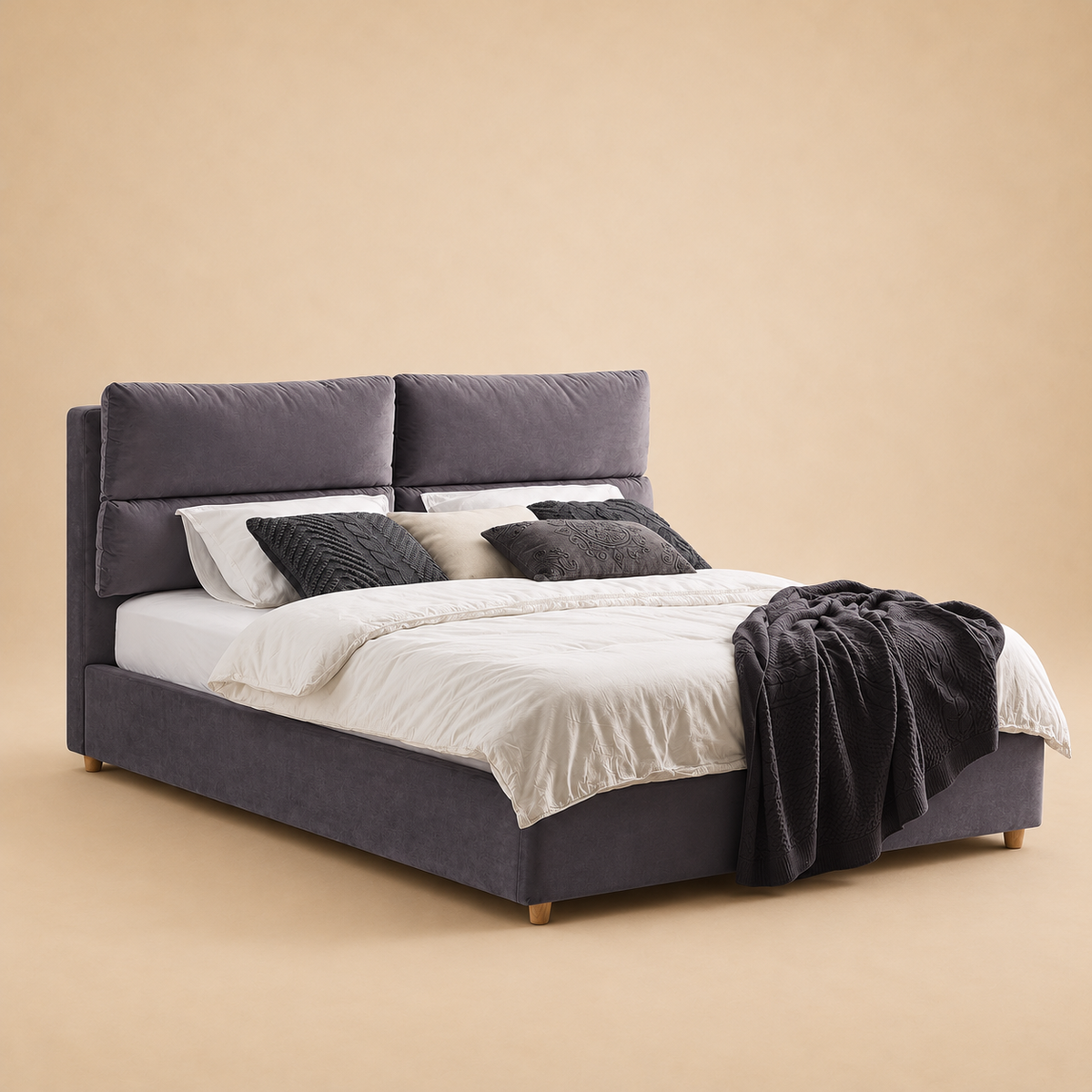 Bality Fully Upholstered Bed without Storage — warm beige studio view