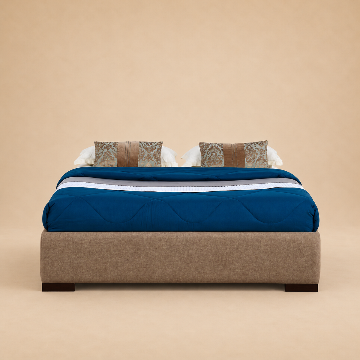 Emma Fully Upholstered Bed without Storage — warm beige studio view