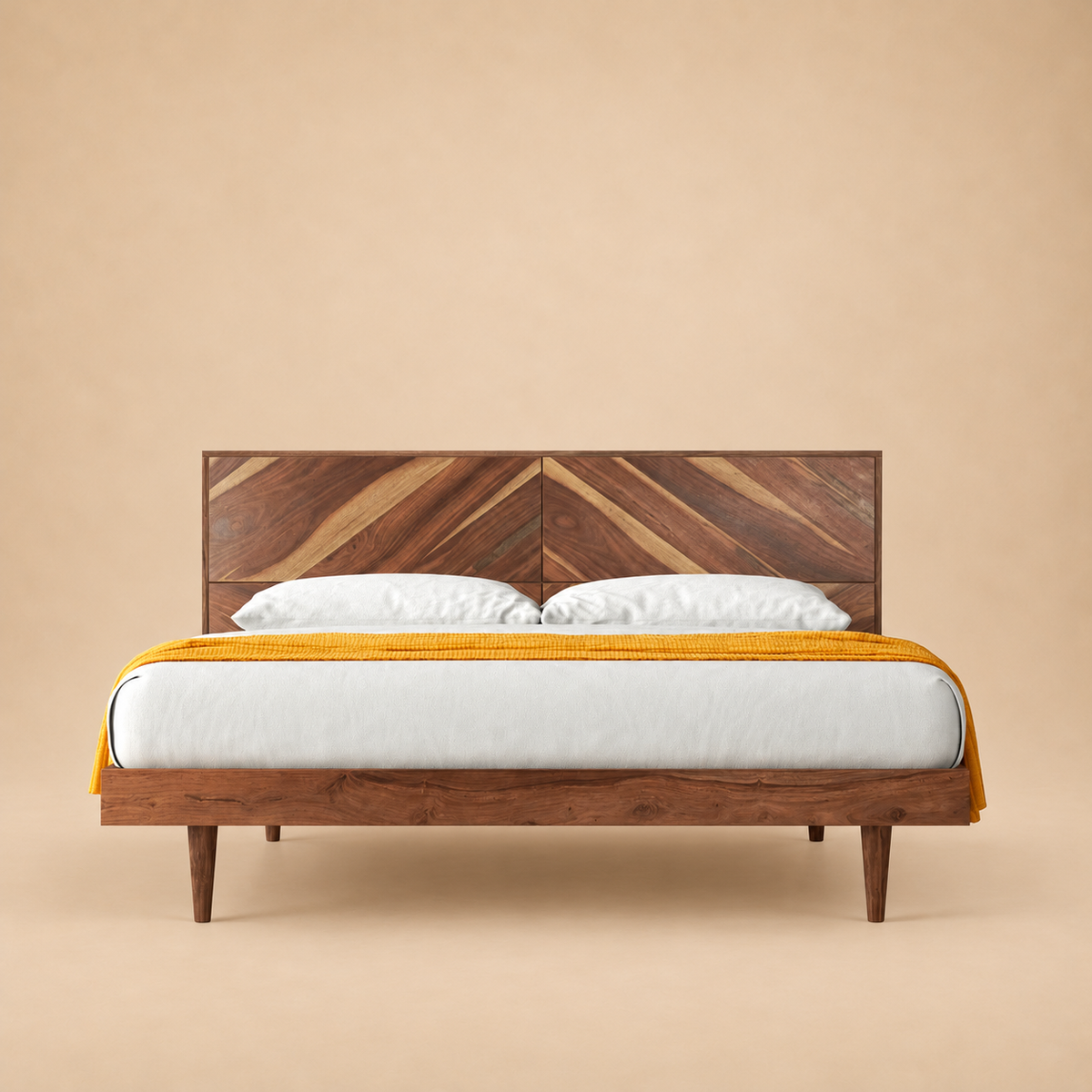 Maven Parquet Pattern Solid Wood Bed — warm beige studio view