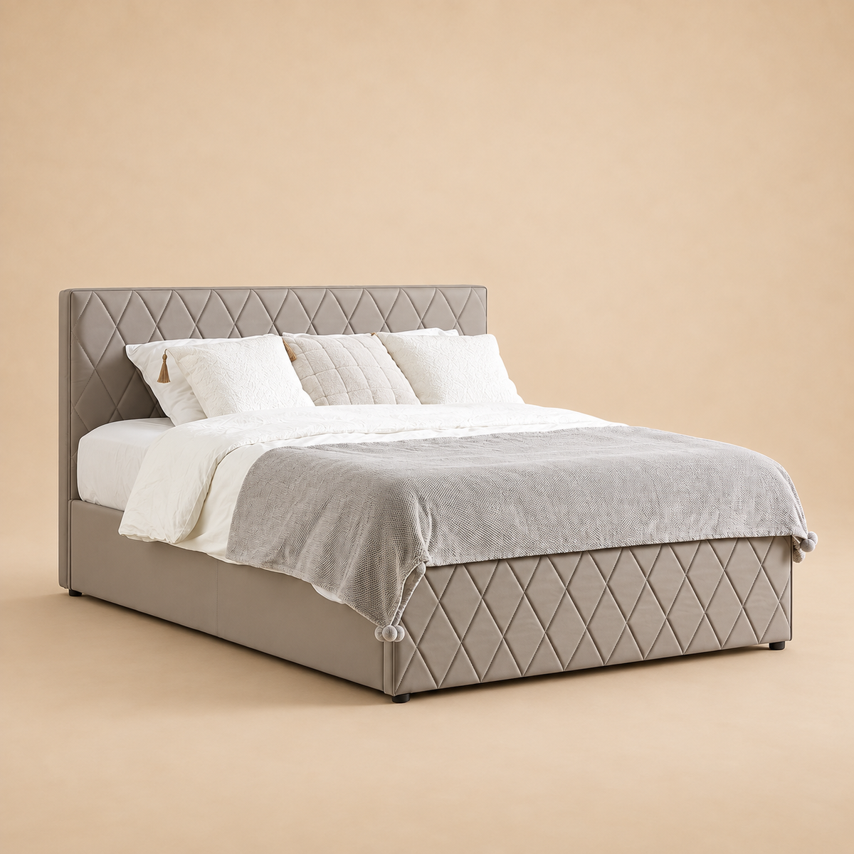 Rochfort Fully Upholstered Bed without Storage — warm beige studio view