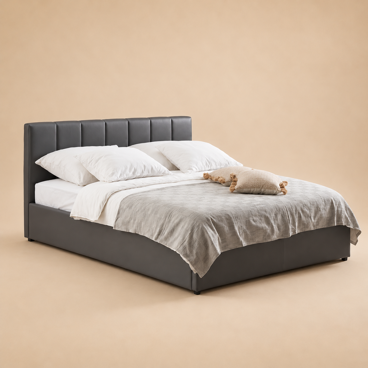 Druex Fully Upholstered Bed without Storage — warm beige studio view