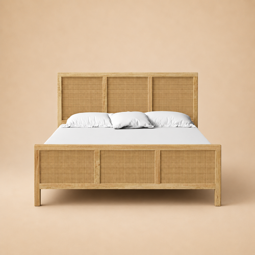 Adelaide Solid Wood Rattan Bed — warm beige studio view