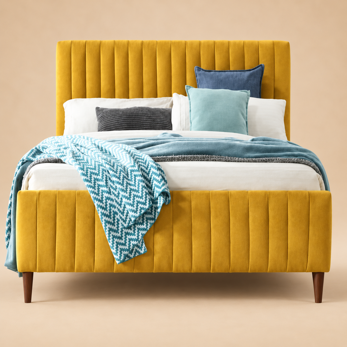 Konya Upholstered Bed Without Storage In Suede — warm beige studio view