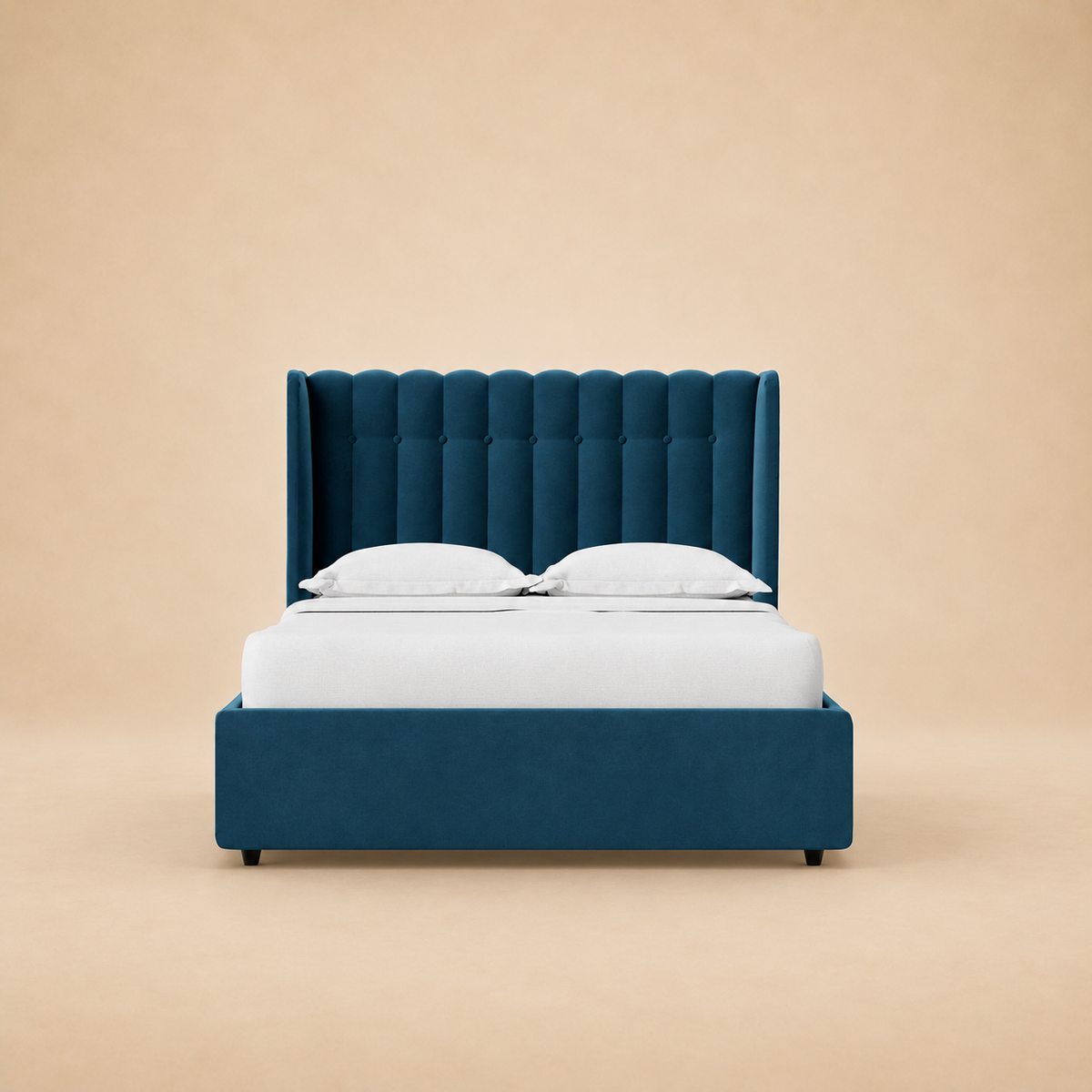 Svalbard Upholstered Hydraulic Storage Bed — warm beige studio view