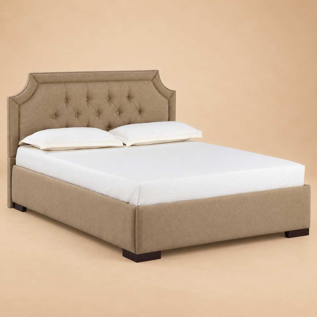 Isadora Fully Upholstered Bed without Storage — warm beige studio view 2