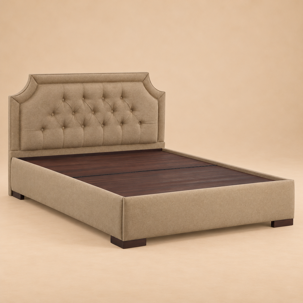 Isadora Fully Upholstered Bed without Storage — warm beige studio view 3