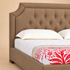 Isadora Fully Upholstered Bed without Storage — warm beige studio detail
