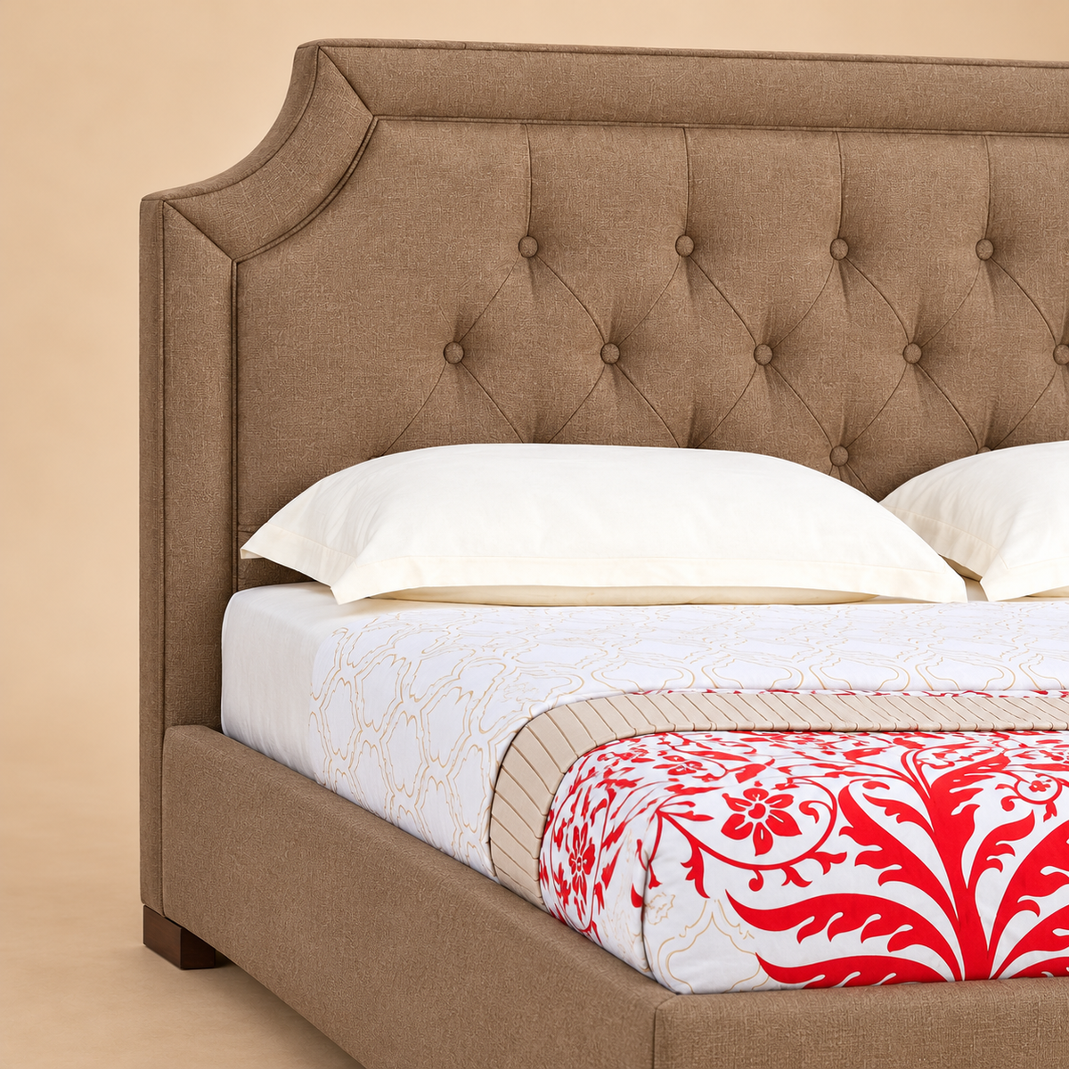 Isadora Fully Upholstered Bed without Storage — warm beige studio detail