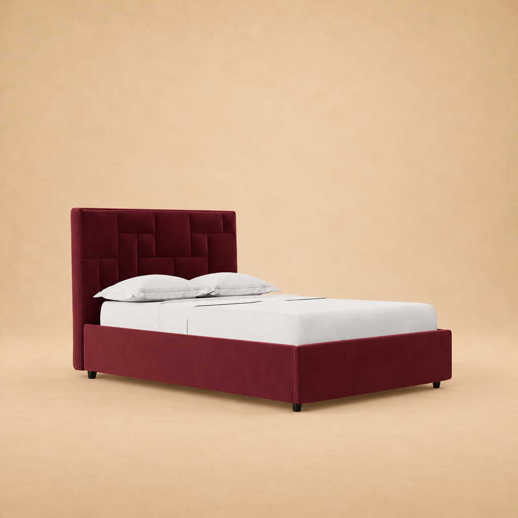 Islay Upholstered Hydraulic Storage Bed — warm beige studio view 2