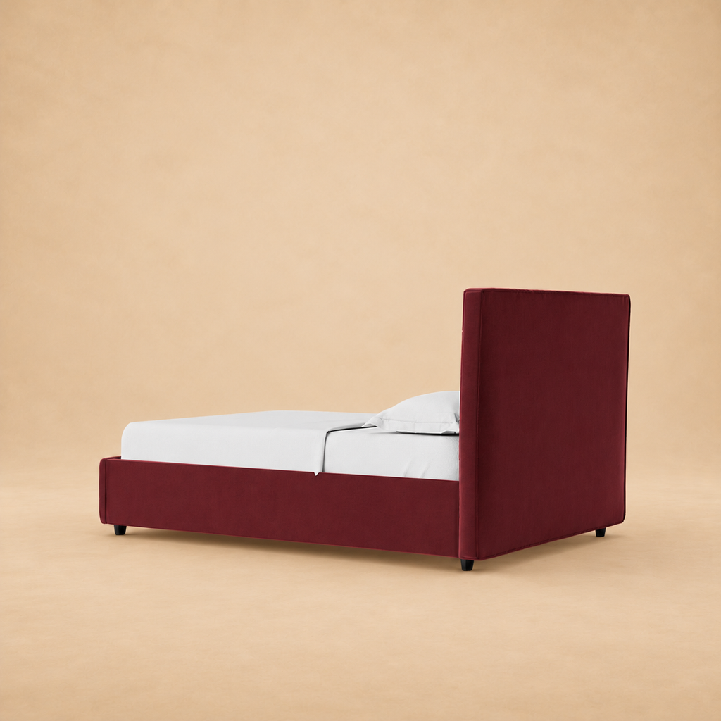 Islay Upholstered Hydraulic Storage Bed — warm beige studio view 3