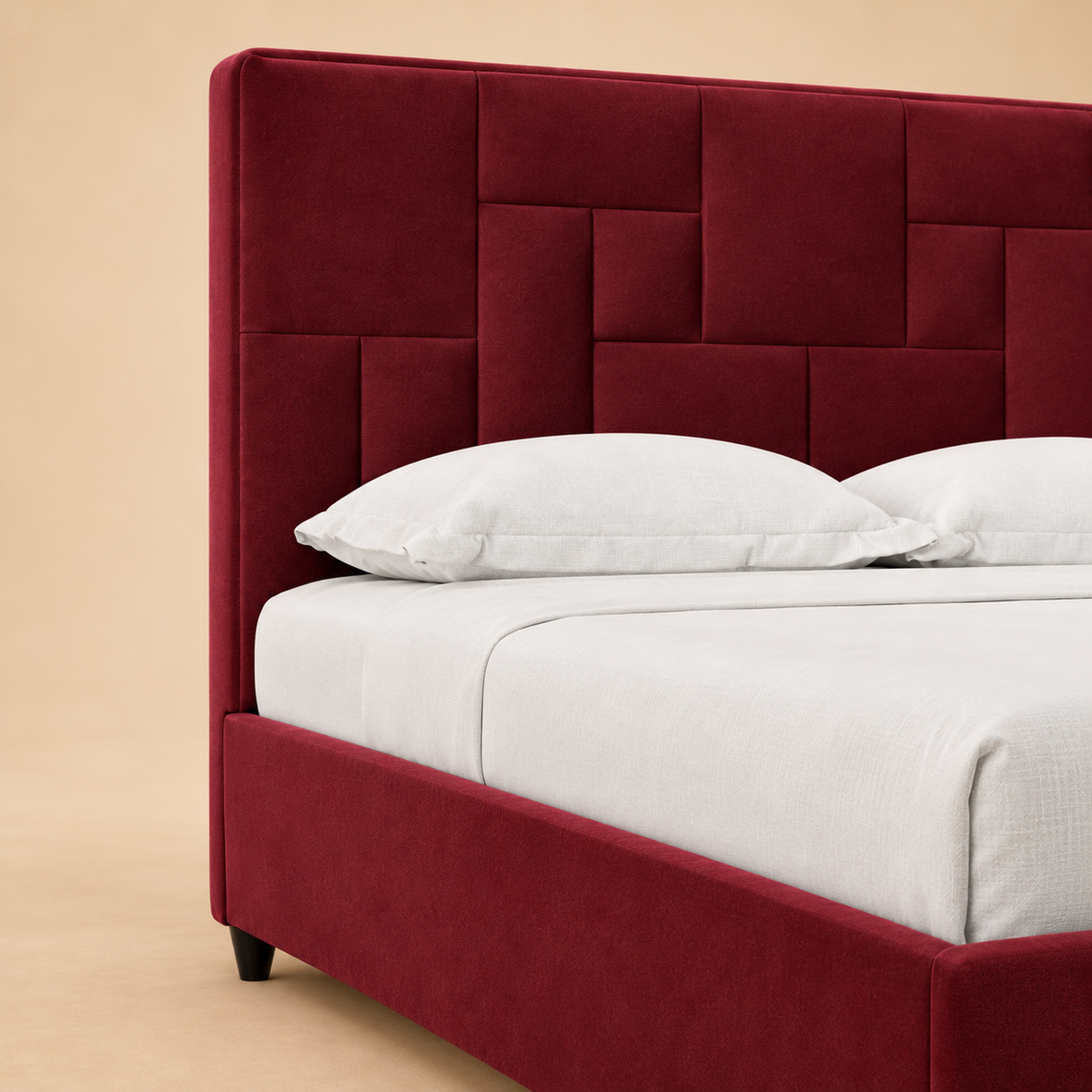 Islay Upholstered Hydraulic Storage Bed — warm beige studio detail
