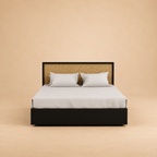 July Solid Wood Hydraulic Storage Bed — warm beige studio view 2