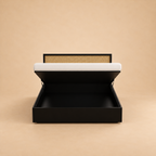 July Solid Wood Hydraulic Storage Bed — warm beige studio view 3