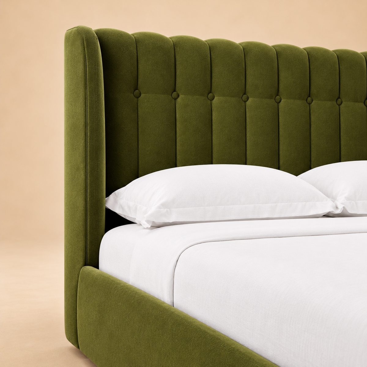 Kipling Fully Upholstered Bed without Storage — warm beige studio detail