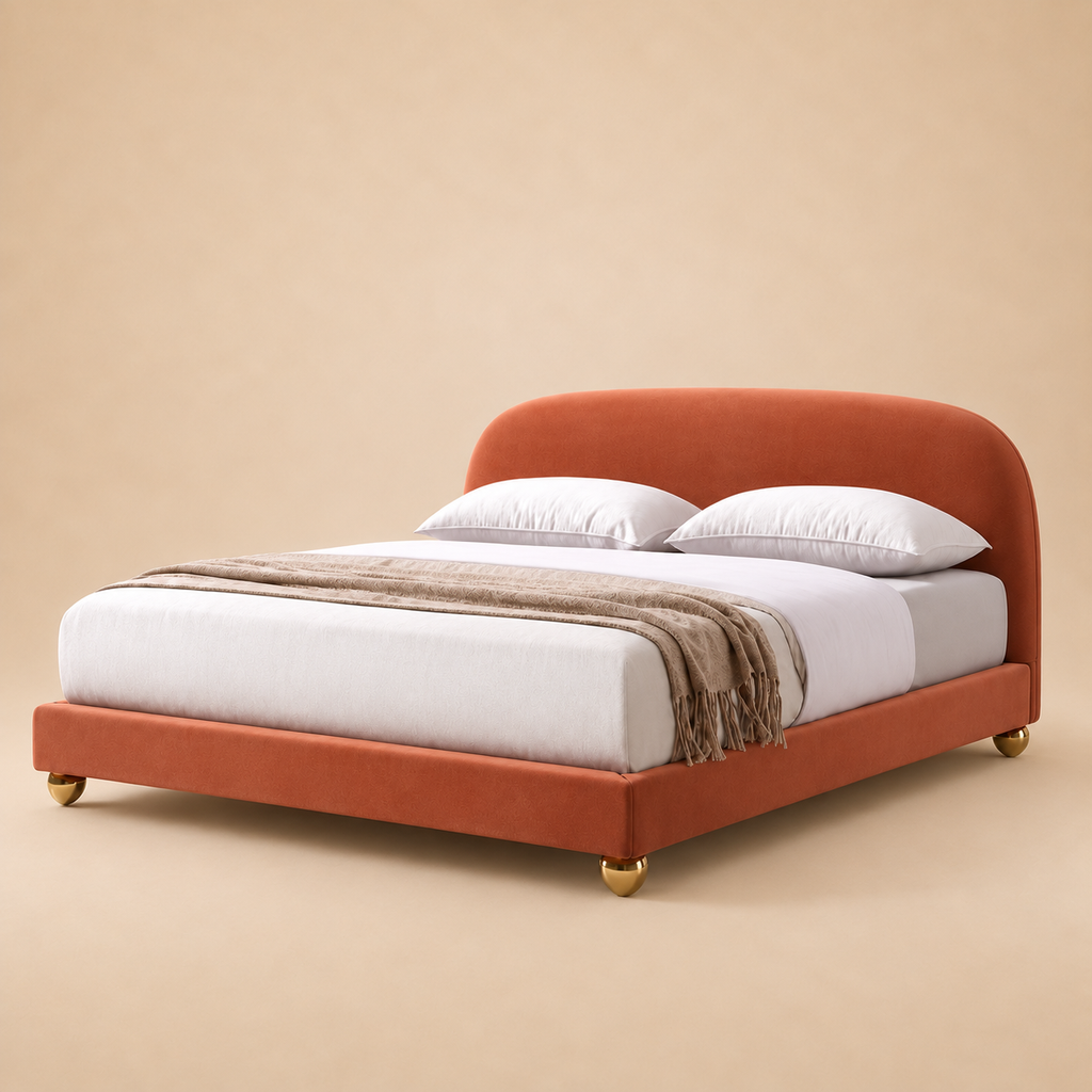 Knox Upholstered Bed Without Storage In Suede — warm beige studio view 3