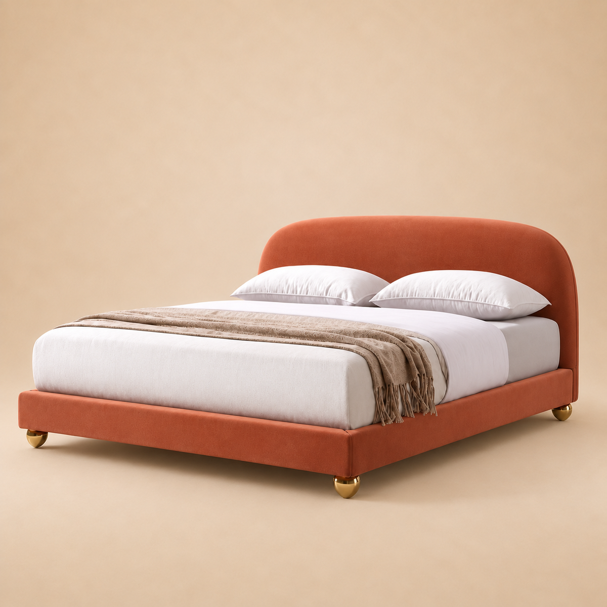 Knox Upholstered Bed Without Storage In Suede — warm beige studio view 3