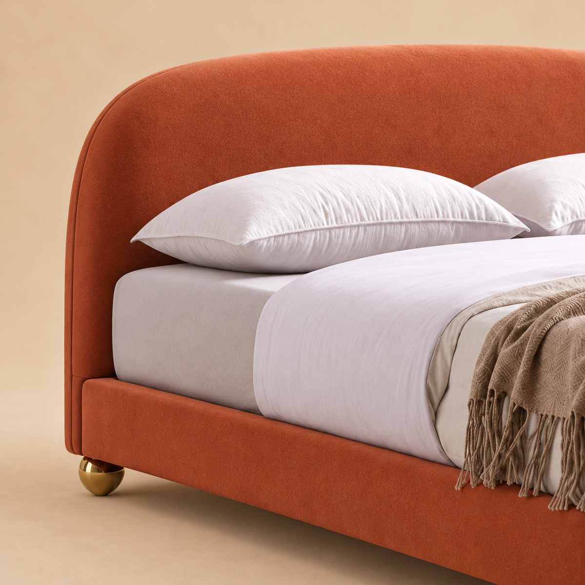 Knox Upholstered Bed Without Storage In Suede — warm beige studio detail