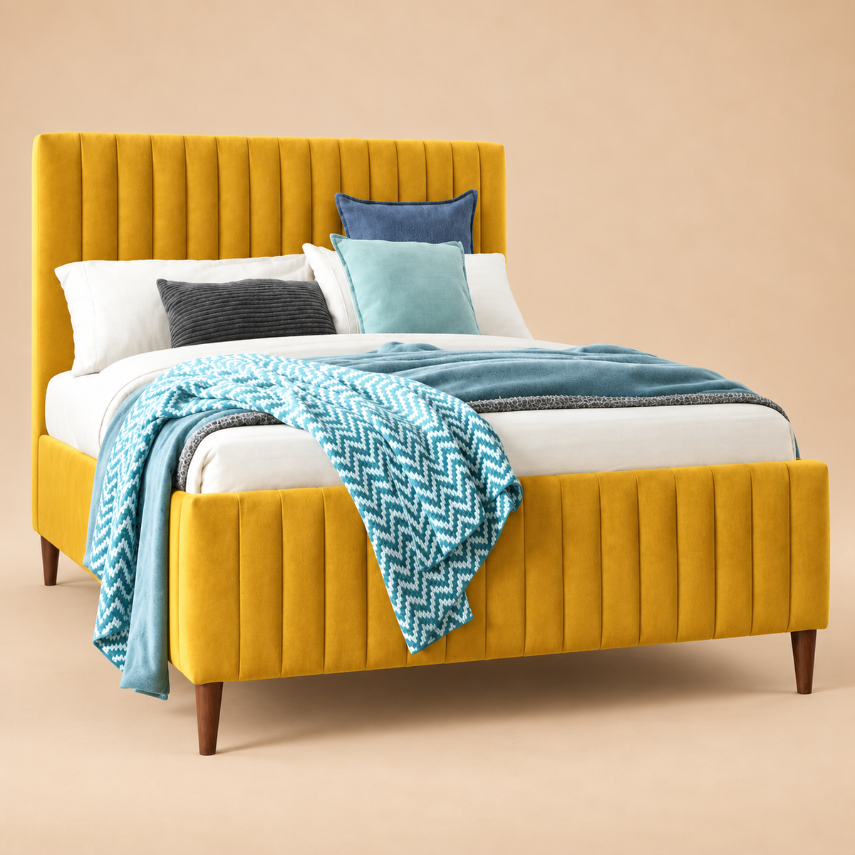 Konya Upholstered Bed Without Storage In Suede — warm beige studio view 3