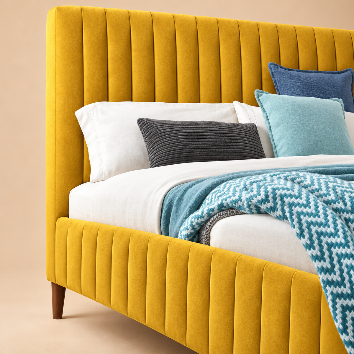 Konya Upholstered Bed Without Storage In Suede — warm beige studio detail