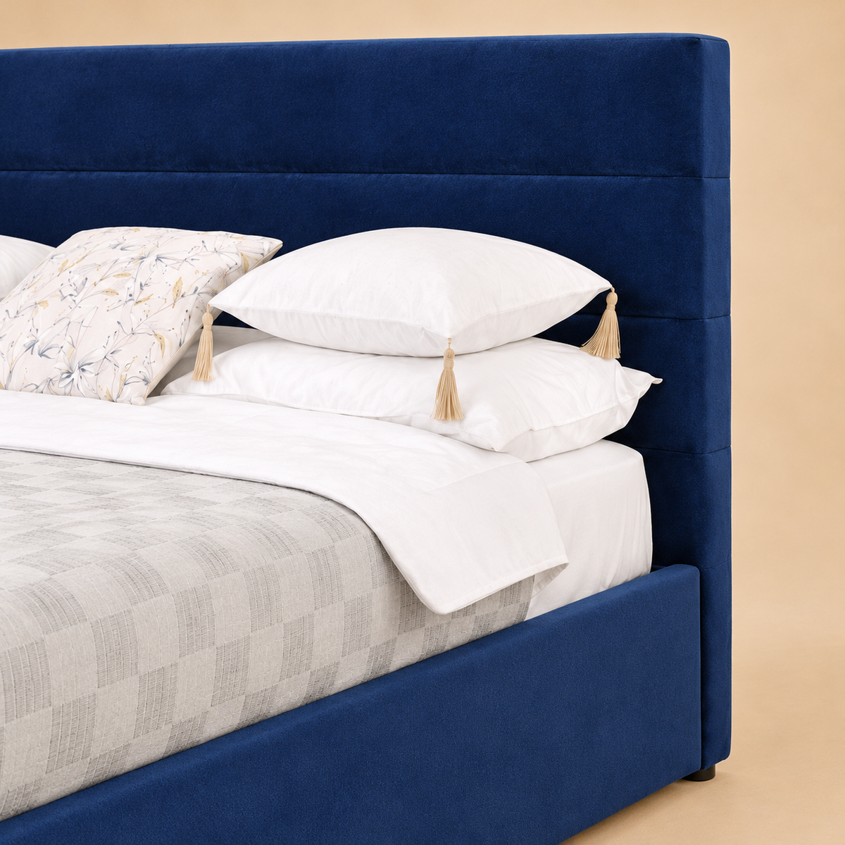 Lendes Fully Upholstered Bed without Storage — warm beige studio detail