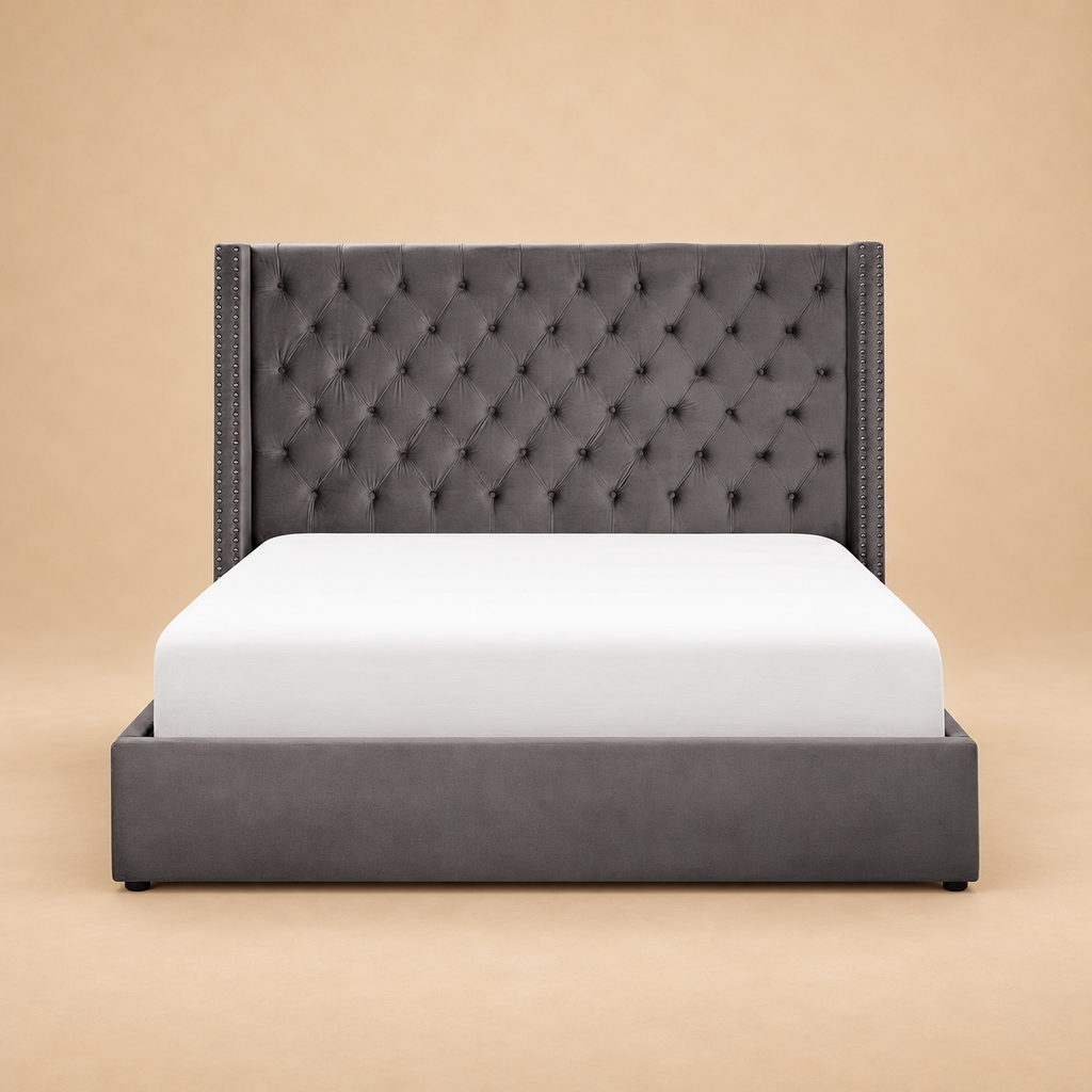 Lubon Fully Upholstered Bed without Storage — warm beige studio view 2