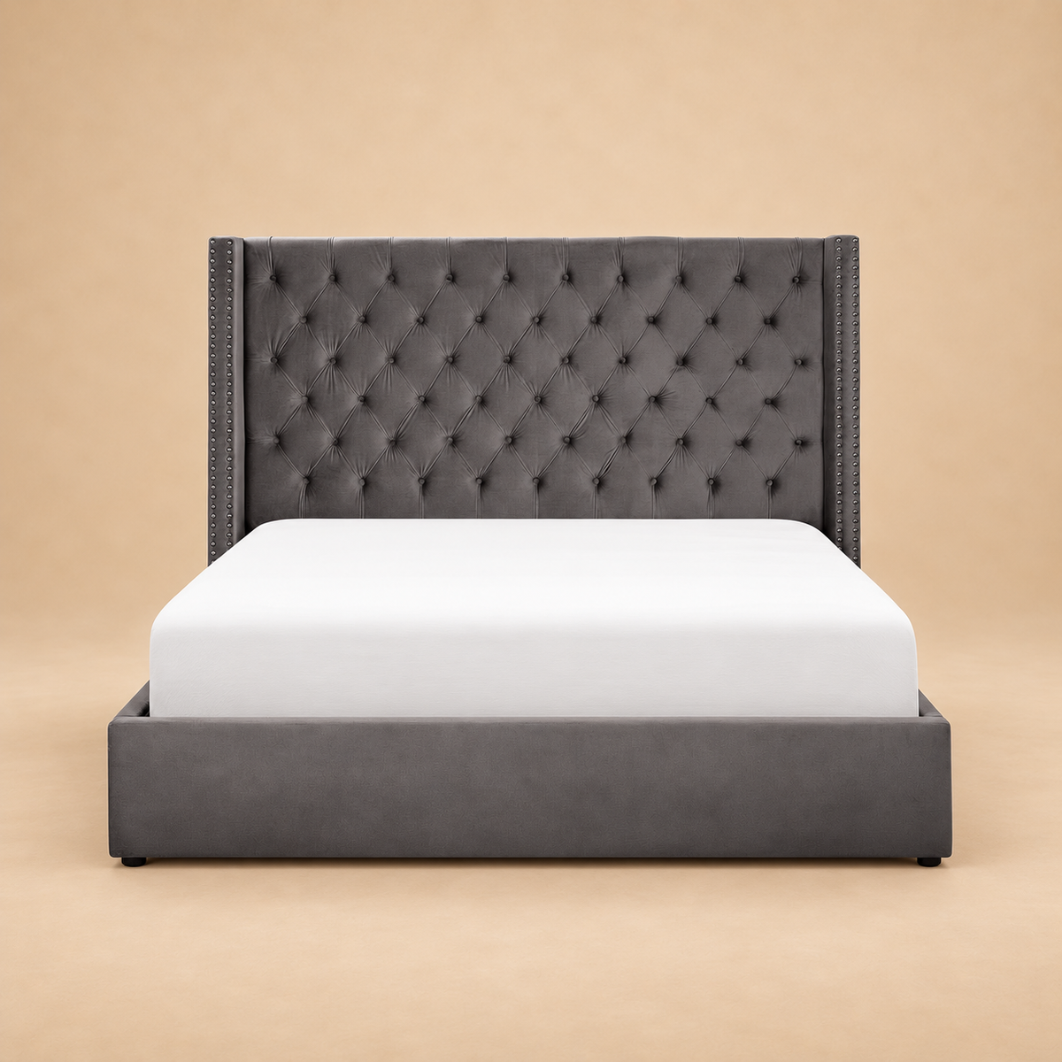Lubon Fully Upholstered Bed without Storage — warm beige studio view 2