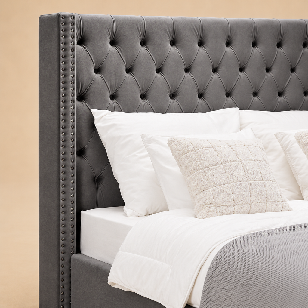 Lubon Fully Upholstered Bed without Storage — warm beige studio detail