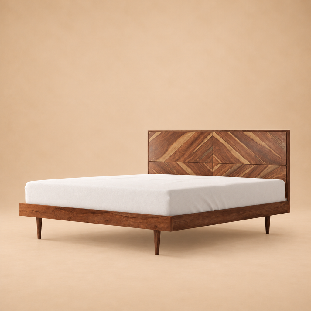 Maven Parquet Pattern Solid Wood Bed — warm beige studio view 2