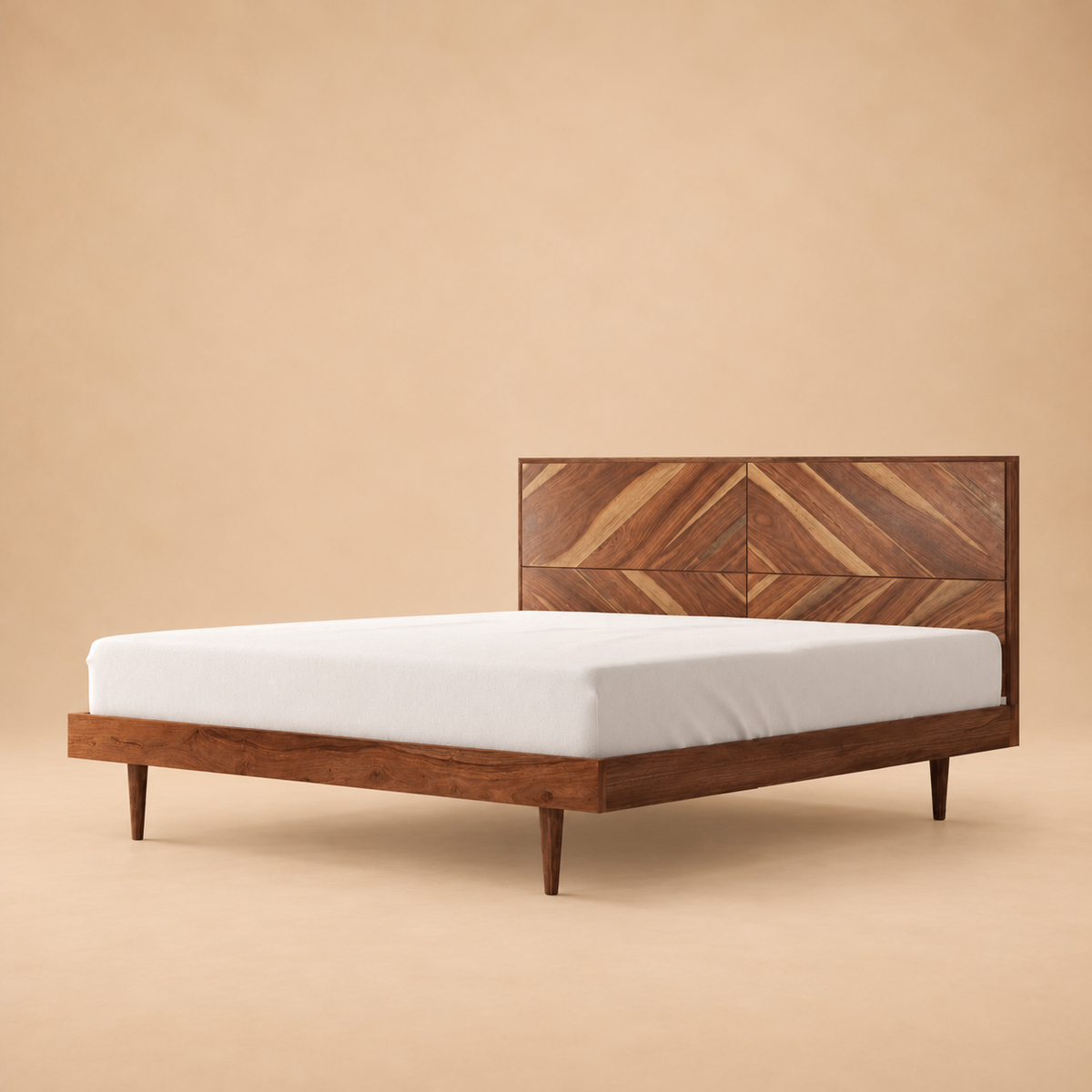 Maven Parquet Pattern Solid Wood Bed — warm beige studio view 2