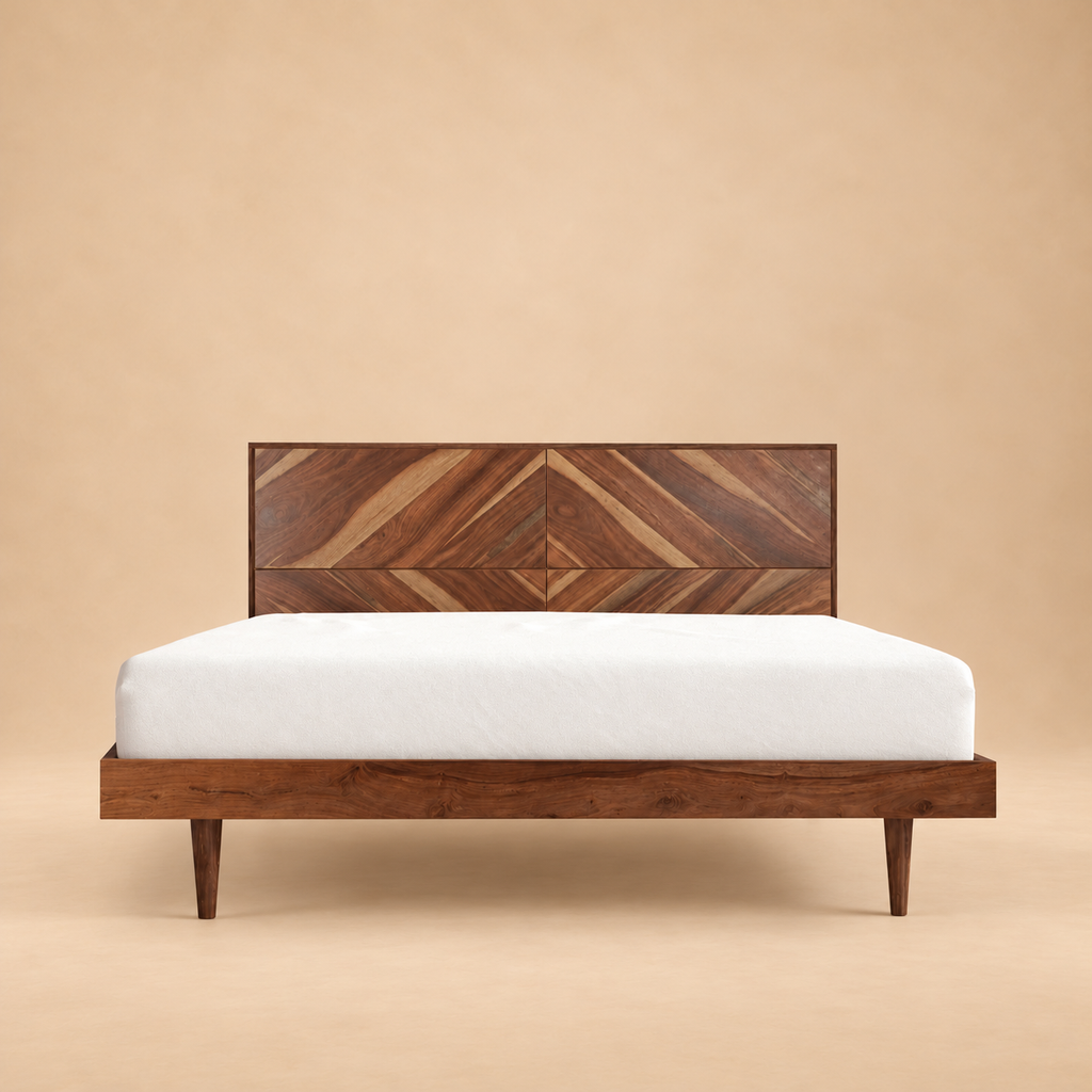 Maven Parquet Pattern Solid Wood Bed — warm beige studio view 3