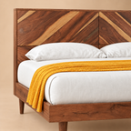 Maven Parquet Pattern Solid Wood Bed — warm beige studio detail