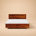 Modluxe Hydraulic Storage Solid Wood Platform Bed — warm beige studio view 2