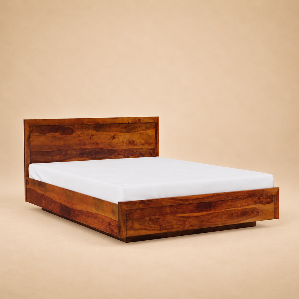 Modluxe Hydraulic Storage Solid Wood Platform Bed — warm beige studio view 3