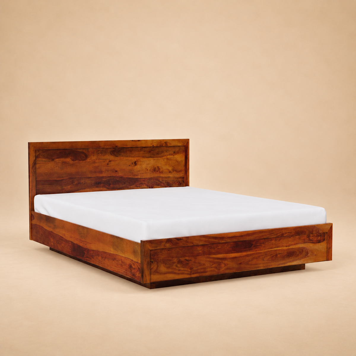 Modluxe Hydraulic Storage Solid Wood Platform Bed — warm beige studio view 3