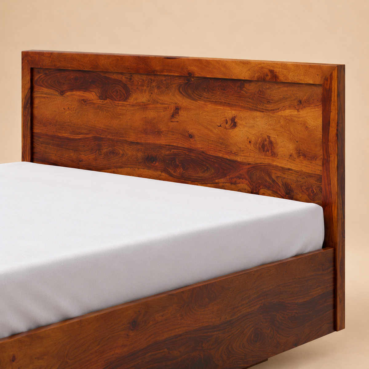 Modluxe Hydraulic Storage Solid Wood Platform Bed — warm beige studio detail