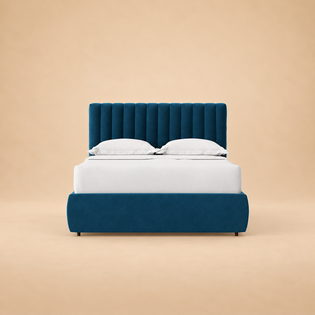 Porlock Fully Upholstered Bed without Storage — warm beige studio view 3